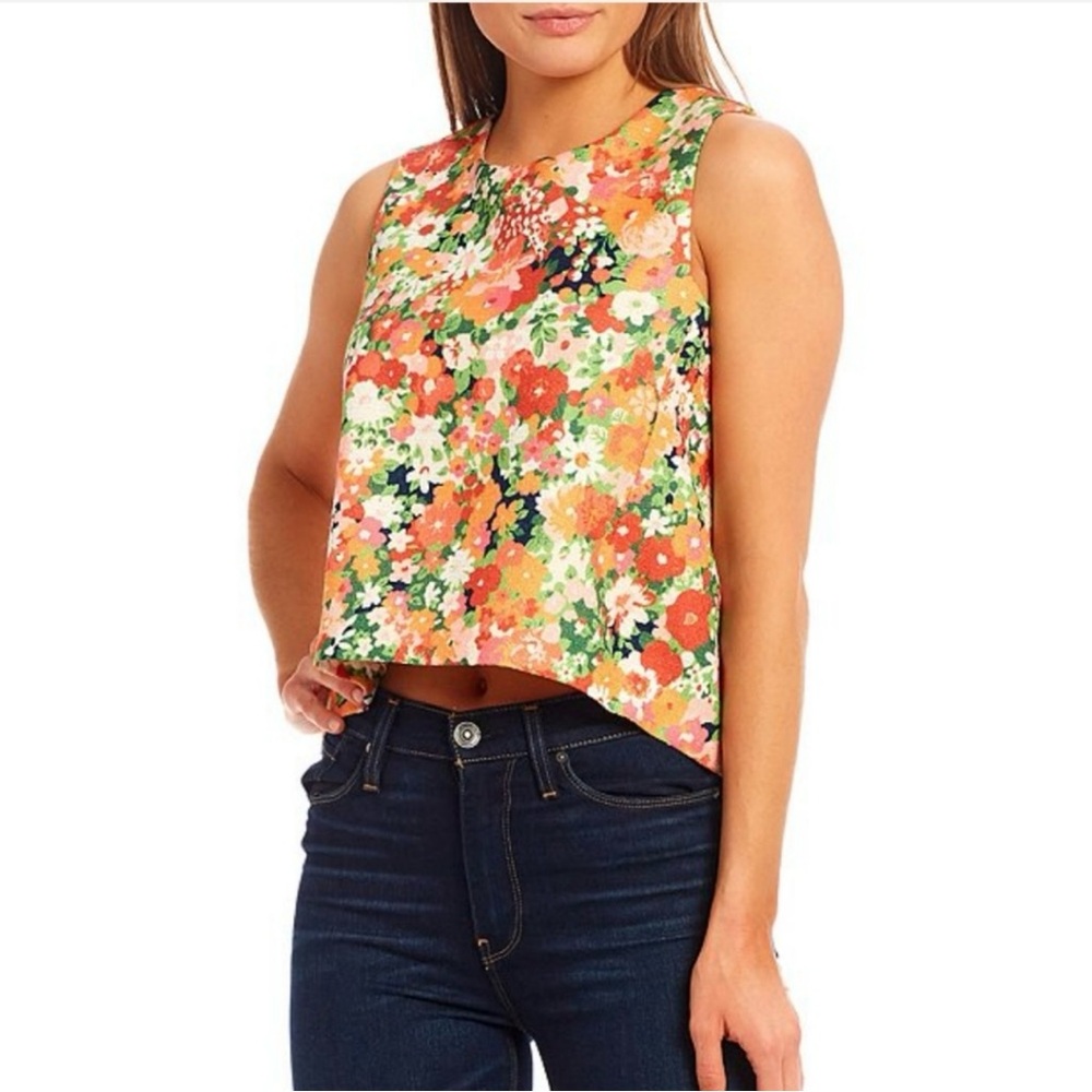 Julie Brown NY Orange Multi Floral Tweed Woven Bora Bora Tiffany Boxy Tank Top